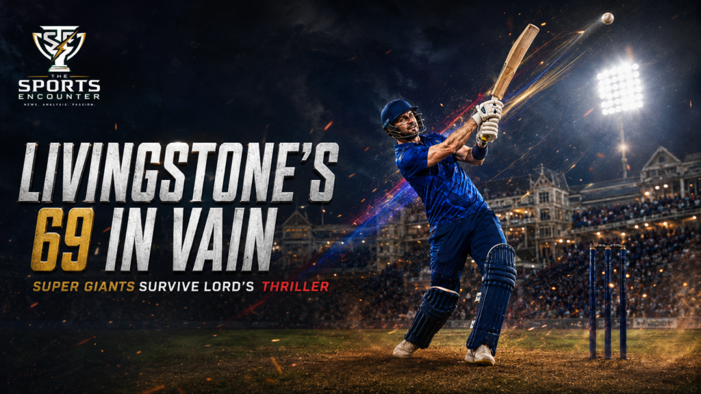 Liam Livingstone launches a right-handed six as Manchester Super Giants celebrate their seven-run victory over London Spirit at Lord’s in The Hundred 2026.