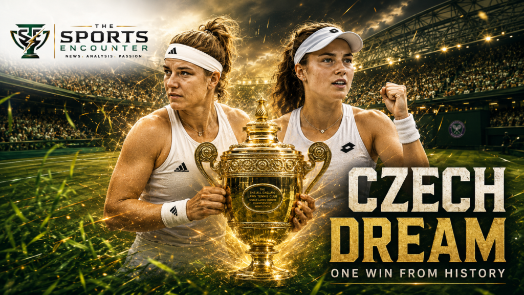 Linda Noskova and Karolina Muchova stand beside a glowing Wimbledon-style trophy in a cinematic grass-court stadium scene, highlighting the Czech players’ chase for Wimbledon 2026 history.