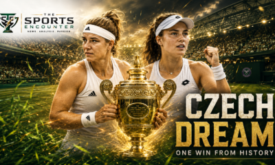 Linda Noskova and Karolina Muchova stand beside a glowing Wimbledon-style trophy in a cinematic grass-court stadium scene, highlighting the Czech players’ chase for Wimbledon 2026 history.