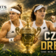 Linda Noskova and Karolina Muchova stand beside a glowing Wimbledon-style trophy in a cinematic grass-court stadium scene, highlighting the Czech players’ chase for Wimbledon 2026 history.