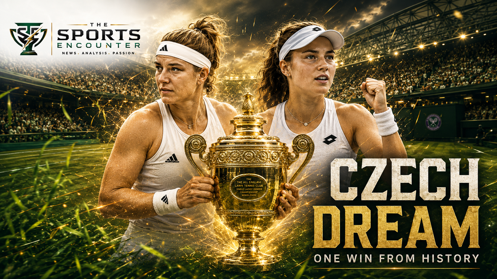 Linda Noskova and Karolina Muchova stand beside a glowing Wimbledon-style trophy in a cinematic grass-court stadium scene, highlighting the Czech players’ chase for Wimbledon 2026 history.