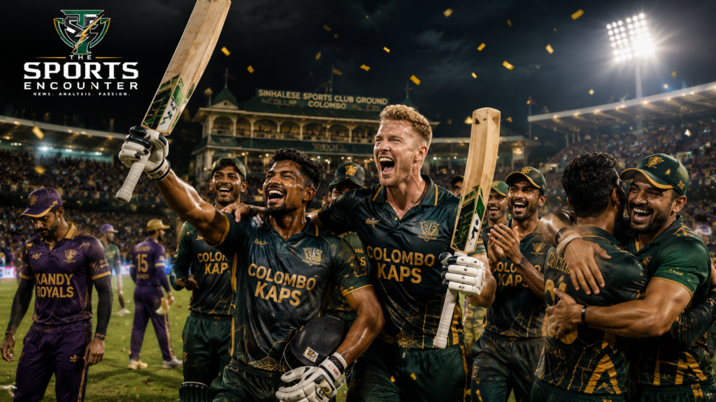 Colombo Kaps players celebrate their six-wicket victory over Kandy Royals under the floodlights at SSC Colombo during Match 5 of the Lanka Premier League 2026.