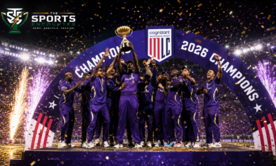 Los Angeles Knight Riders players lift the Major League Cricket trophy on the podium as fireworks and confetti mark their first MLC title in 2026.
