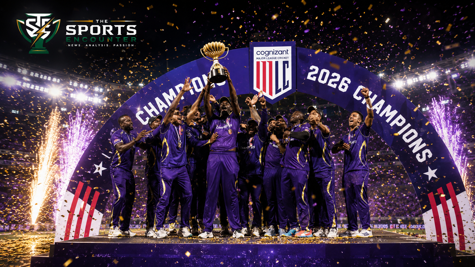 Los Angeles Knight Riders players lift the Major League Cricket trophy on the podium as fireworks and confetti mark their first MLC title in 2026.