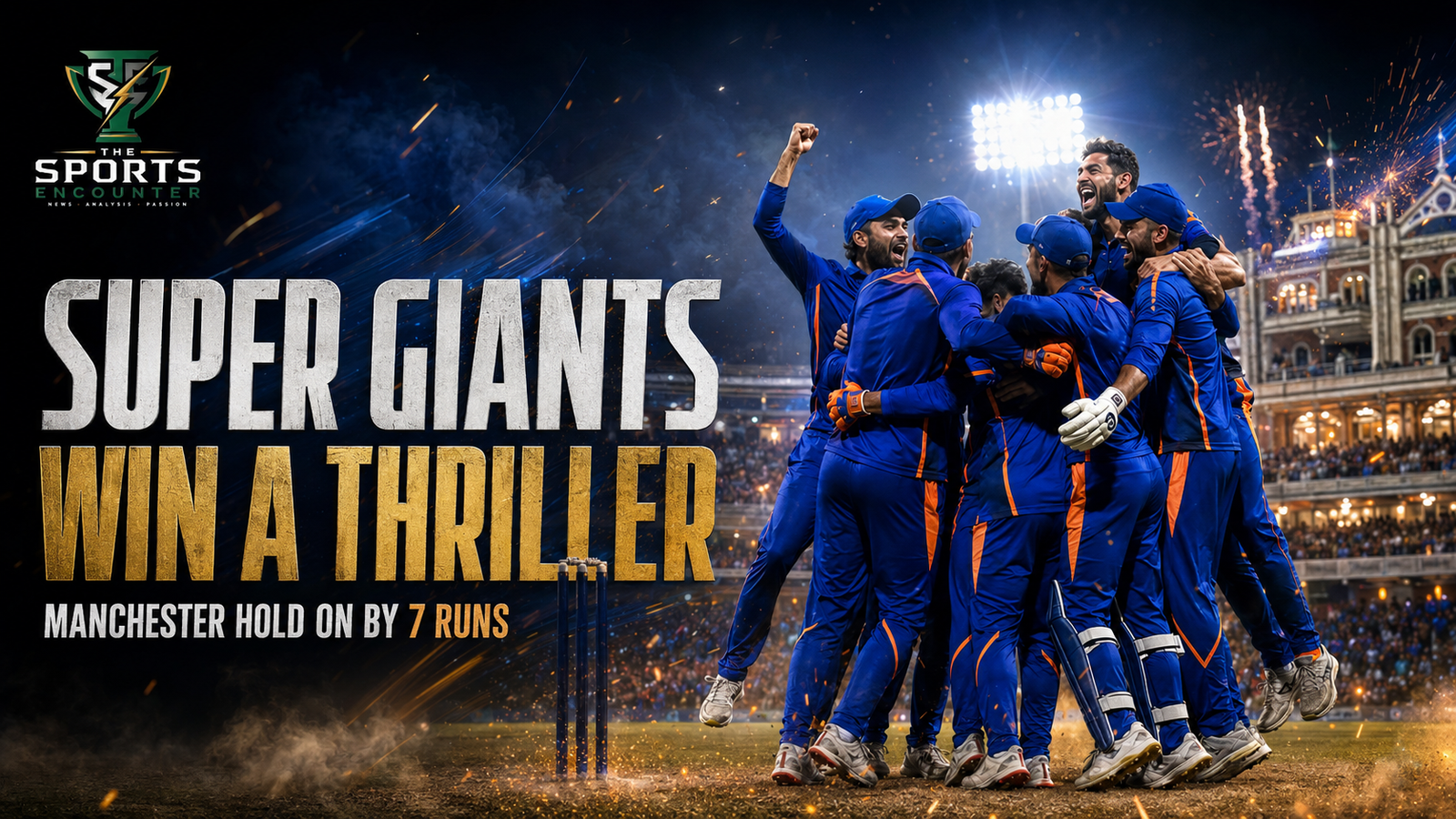 Manchester Super Giants players celebrate their narrow seven-run victory over London Spirit on the pitch at Lord’s in The Hundred 2026.