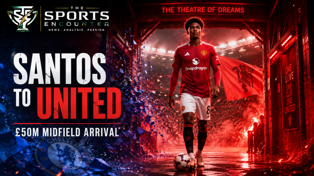 Andrey Santos walks through a red-lit Old Trafford-style tunnel toward the pitch in a Manchester United arrival graphic, with Chelsea-blue fragments fading behind him and The Sports Encounter logo.