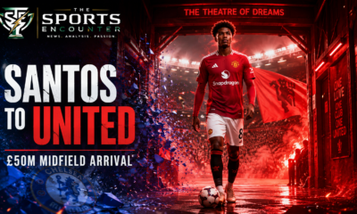 Andrey Santos walks through a red-lit Old Trafford-style tunnel toward the pitch in a Manchester United arrival graphic, with Chelsea-blue fragments fading behind him and The Sports Encounter logo.