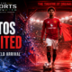 Andrey Santos walks through a red-lit Old Trafford-style tunnel toward the pitch in a Manchester United arrival graphic, with Chelsea-blue fragments fading behind him and The Sports Encounter logo.