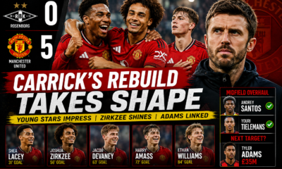Manchester United players celebrate their 5-0 preseason win over Rosenborg beside Michael Carrick, with the graphic highlighting academy goals, Joshua Zirkzee’s performance, and the reported £35 million Tyler Adams transfer interest.