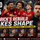 Manchester United players celebrate their 5-0 preseason win over Rosenborg beside Michael Carrick, with the graphic highlighting academy goals, Joshua Zirkzee’s performance, and the reported £35 million Tyler Adams transfer interest.