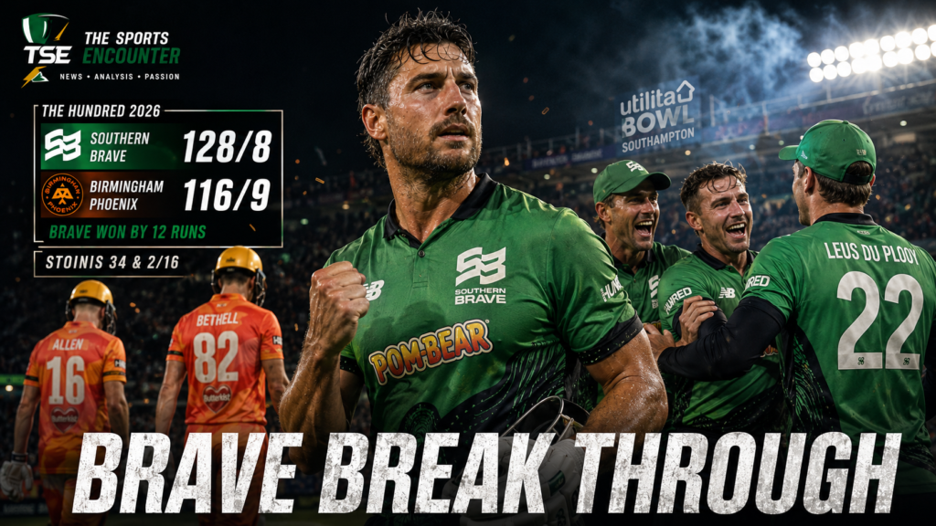 Marcus Stoinis celebrates Southern Brave’s 12-run victory over Birmingham Phoenix after scoring 34 and taking 2 for 16 in The Hundred 2026 at Southampton.