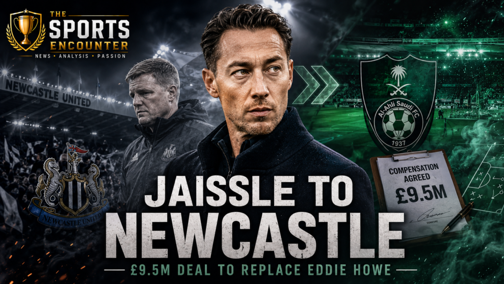Matthias Jaissle stands between Newcastle United and Al-Ahli imagery as the Premier League club prepares to appoint him on a four-year deal after agreeing £9.5 million compensation to replace Eddie Howe.