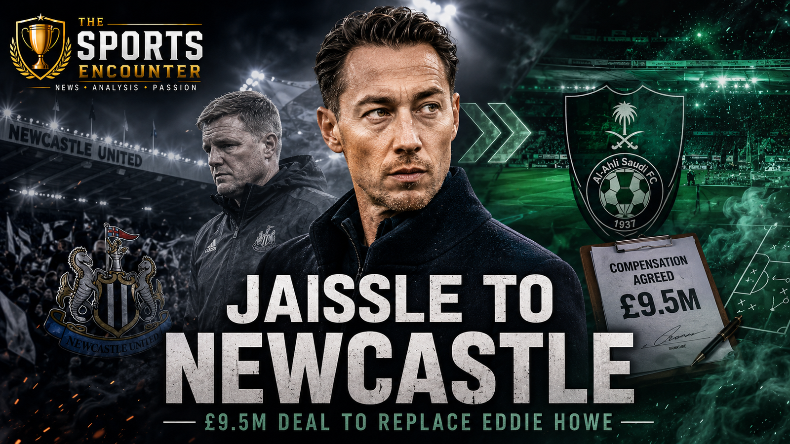 Matthias Jaissle stands between Newcastle United and Al-Ahli imagery as the Premier League club prepares to appoint him on a four-year deal after agreeing £9.5 million compensation to replace Eddie Howe.