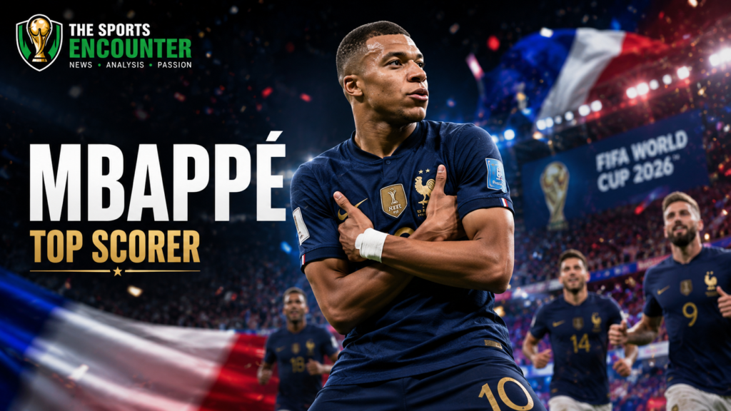 Kylian Mbappé celebrates a FIFA World Cup 2026 goal in his signature crossed-arms pose as France teammates and fans react inside a packed stadium.