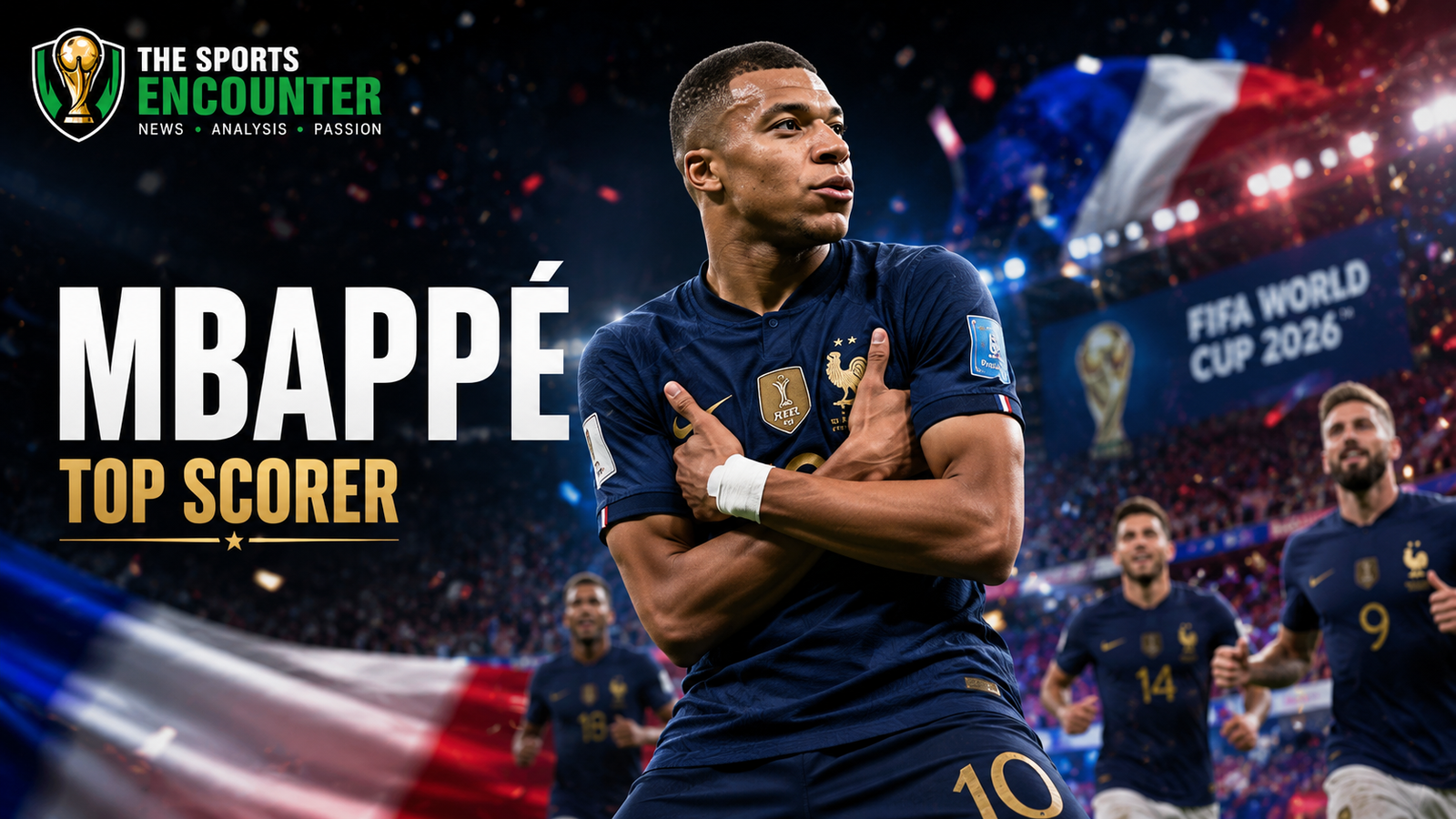 Kylian Mbappé celebrates a FIFA World Cup 2026 goal in his signature crossed-arms pose as France teammates and fans react inside a packed stadium.