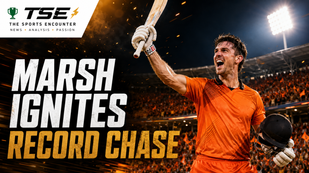 Mitchell Marsh celebrates his 26-ball 63 as Sunrisers Leeds complete a record Headingley chase against Manchester Super Giants in The Hundred 2026.