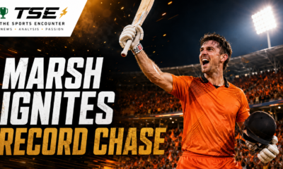 Mitchell Marsh celebrates his 26-ball 63 as Sunrisers Leeds complete a record Headingley chase against Manchester Super Giants in The Hundred 2026.