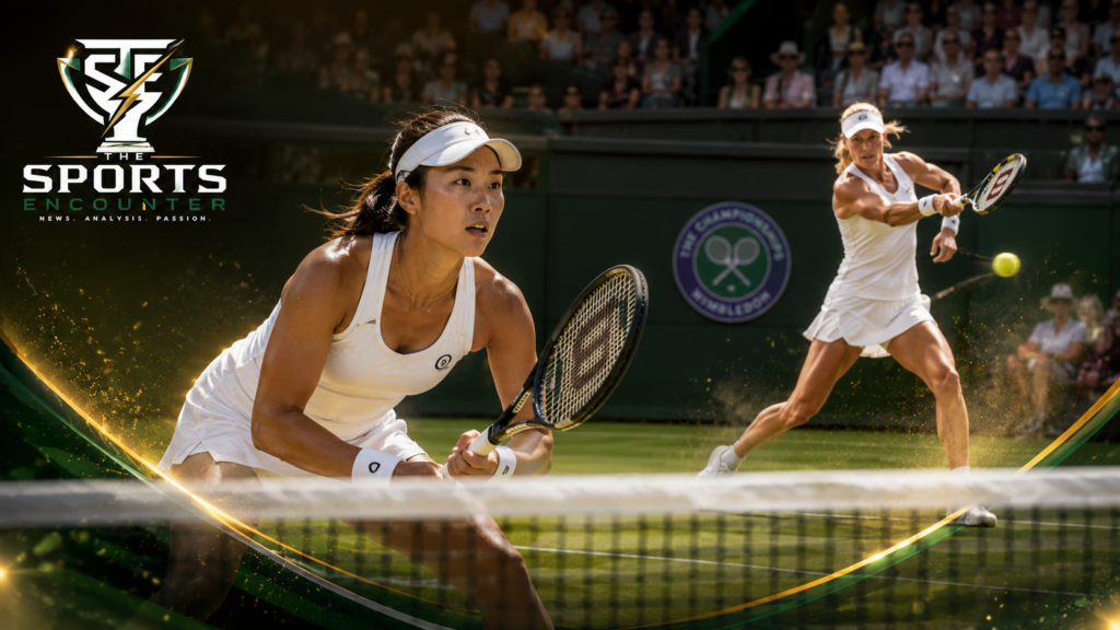 Guo Hanyu prepares at the net as Kristina Mladenovic strikes from the baseline during the Wimbledon 2026 women’s doubles final at the All England Club.
