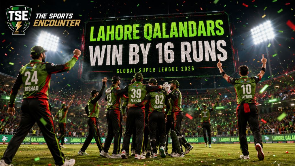 Lahore Qalandars players celebrate on the pitch after their 16-run win over Perth Scorchers XI in the Global Super League 2026 opener.