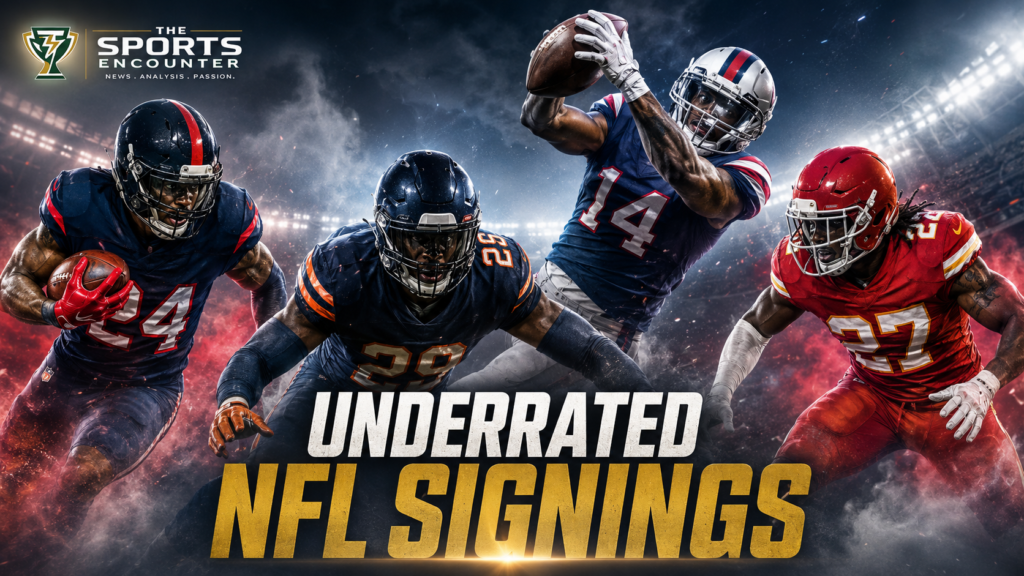 NFL players in multiple team-style uniforms compete under dramatic stadium lights in a VFX graphic about underrated 2026 NFL offseason signings, with The Sports Encounter logo.