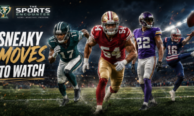 Football players in different team-style uniforms run across the field in a cinematic NFL offseason graphic highlighting sneaky moves to watch, with The Sports Encounter logo.