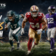 Football players in different team-style uniforms run across the field in a cinematic NFL offseason graphic highlighting sneaky moves to watch, with The Sports Encounter logo.