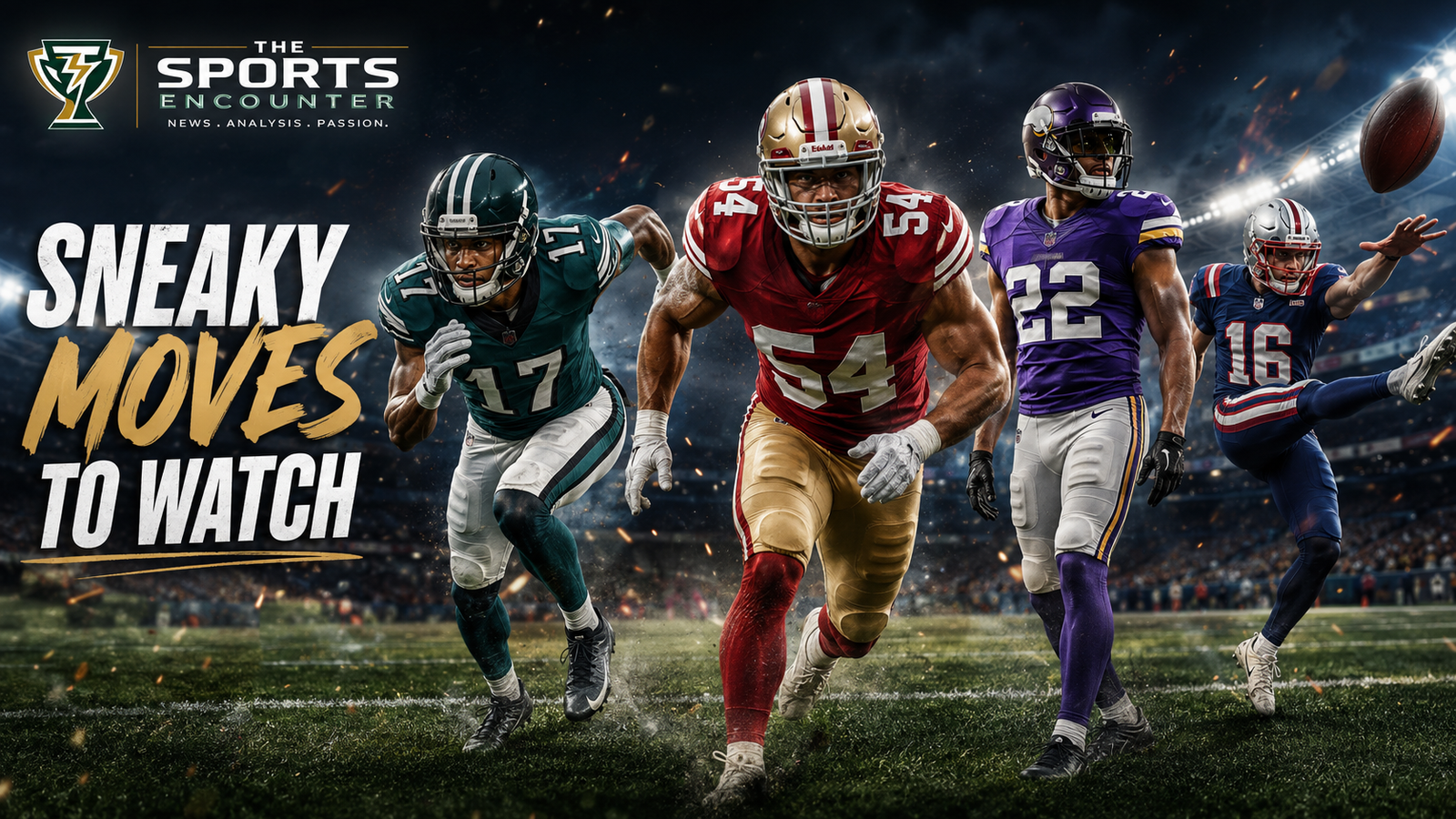 Football players in different team-style uniforms run across the field in a cinematic NFL offseason graphic highlighting sneaky moves to watch, with The Sports Encounter logo.