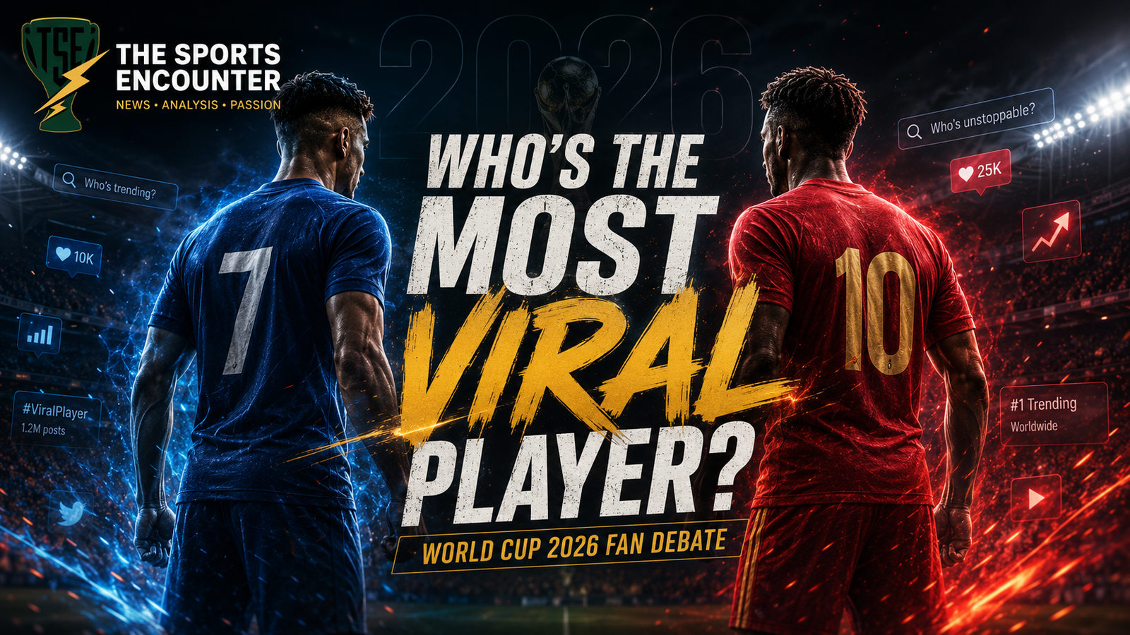 Two anonymous football players face off inside a VFX-style stadium as fans debate who became the most viral player of the FIFA World Cup 2026.