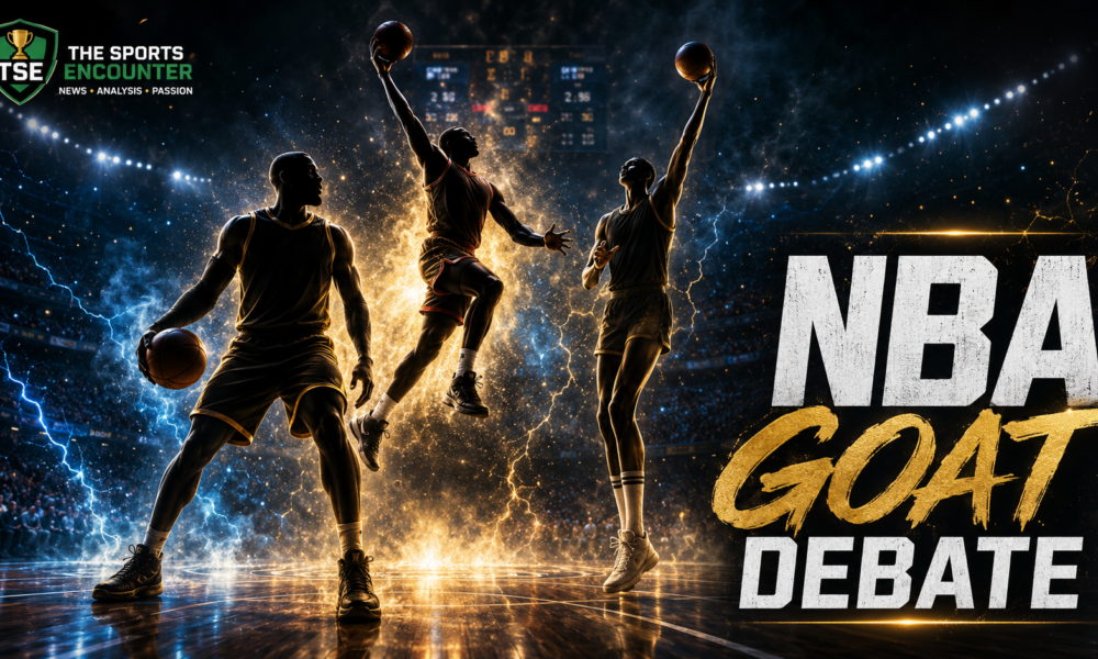 Cinematic NBA GOAT debate featured image showing three anonymous basketball legends in a dramatic arena with The Sports Encounter logo.