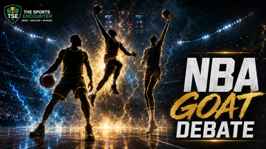 Cinematic NBA GOAT debate featured image showing three anonymous basketball legends in a dramatic arena with The Sports Encounter logo.