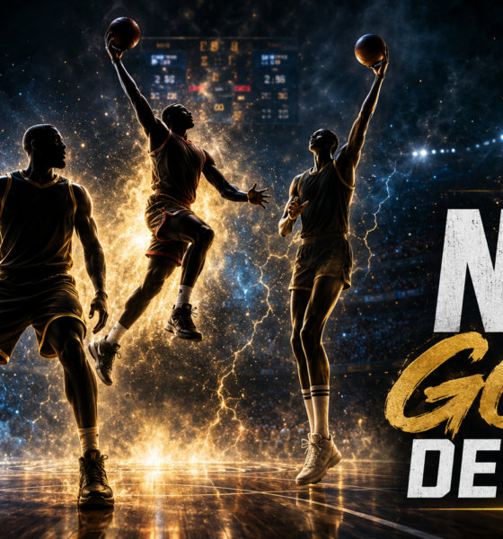 Cinematic NBA GOAT debate featured image showing three anonymous basketball legends in a dramatic arena with The Sports Encounter logo.