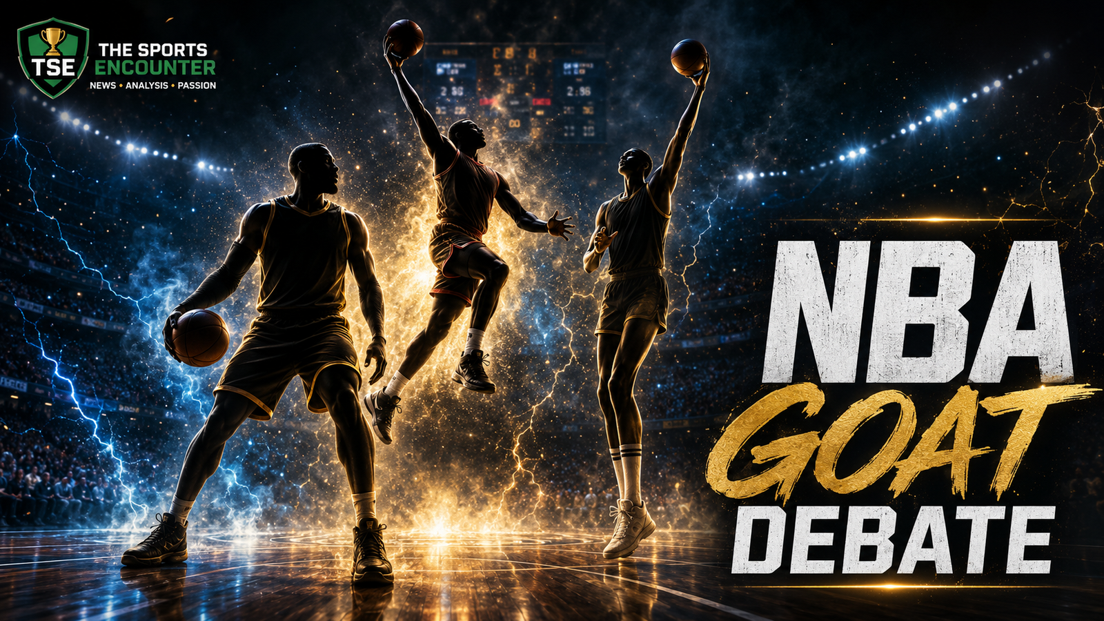 Cinematic NBA GOAT debate featured image showing three anonymous basketball legends in a dramatic arena with The Sports Encounter logo.