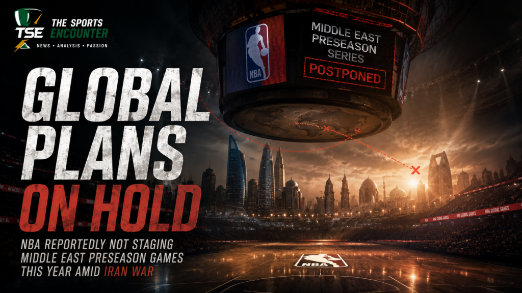 An empty NBA arena displays “Middle East Preseason Series Postponed” above a Gulf skyline, illustrating the reported pause in regional games amid the Iran war.