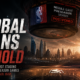 An empty NBA arena displays “Middle East Preseason Series Postponed” above a Gulf skyline, illustrating the reported pause in regional games amid the Iran war.