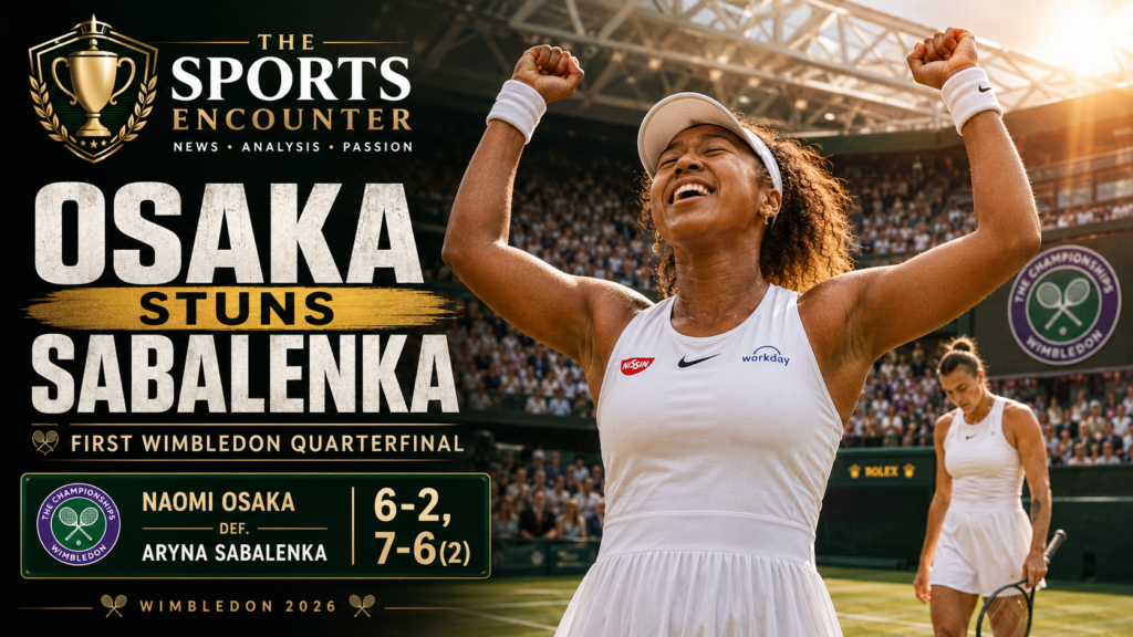 Naomi Osaka celebrates on a Wimbledon grass court after defeating Aryna Sabalenka 6-2, 7-6(2) to reach her first Wimbledon quarterfinal.