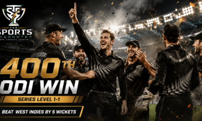New Zealand cricketers celebrate their 400th ODI victory after beating West Indies by five wickets and leveling the series 1-1.