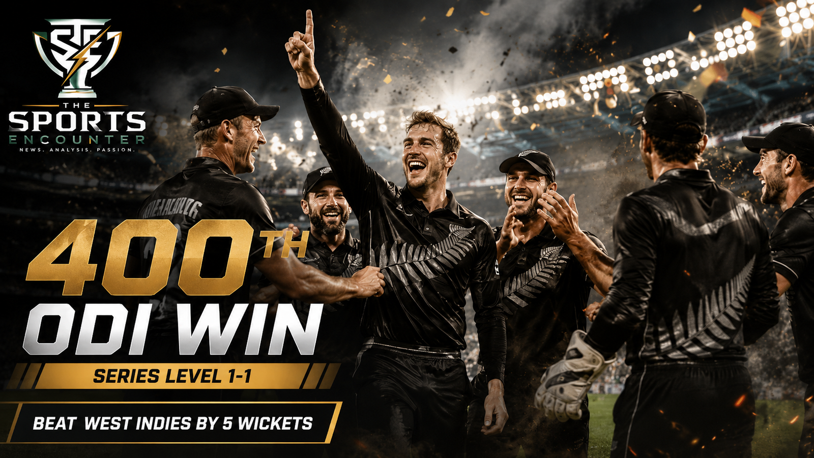 New Zealand cricketers celebrate their 400th ODI victory after beating West Indies by five wickets and leveling the series 1-1.