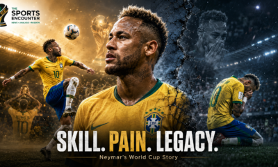 Cinematic tribute to Neymar Jr.’s World Cup journey, showing his Brazilian flair and rainbow-flick skill on one side and his pain, injuries and emotional heartbreak on the other, with the headline “Skill. Pain. Legacy.” and The Sports Encounter logo.
