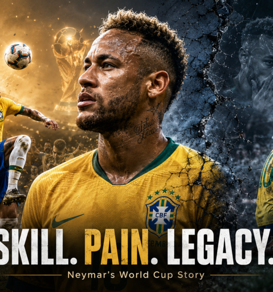 Cinematic tribute to Neymar Jr.’s World Cup journey, showing his Brazilian flair and rainbow-flick skill on one side and his pain, injuries and emotional heartbreak on the other, with the headline “Skill. Pain. Legacy.” and The Sports Encounter logo.