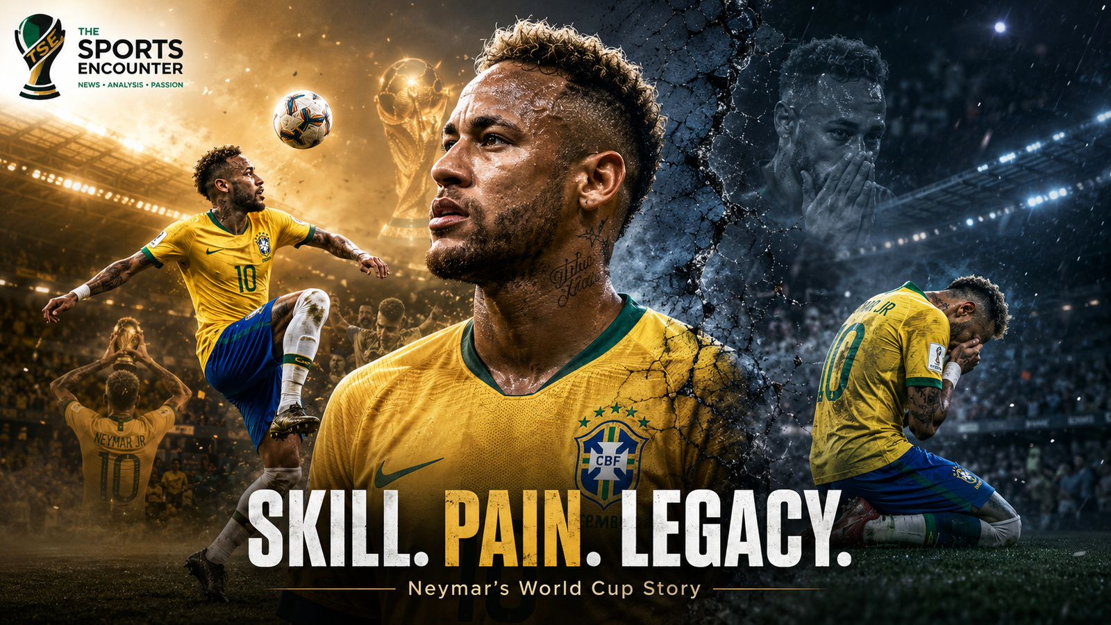Cinematic tribute to Neymar Jr.’s World Cup journey, showing his Brazilian flair and rainbow-flick skill on one side and his pain, injuries and emotional heartbreak on the other, with the headline “Skill. Pain. Legacy.” and The Sports Encounter logo.