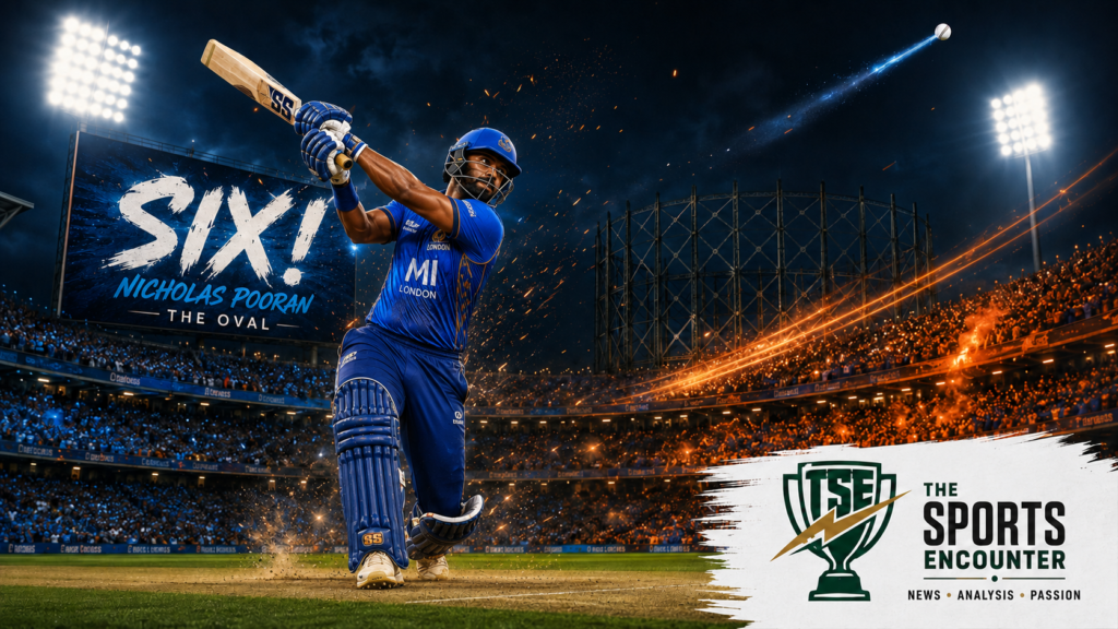 Nicholas Pooran plays a powerful left-handed shot for six under The Oval floodlights during MI London’s victory over Sunrisers Leeds.