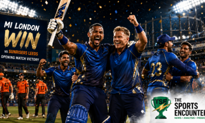 MI London players celebrate their opening-match win over Sunrisers Leeds at The Oval in The Hundred 2026.