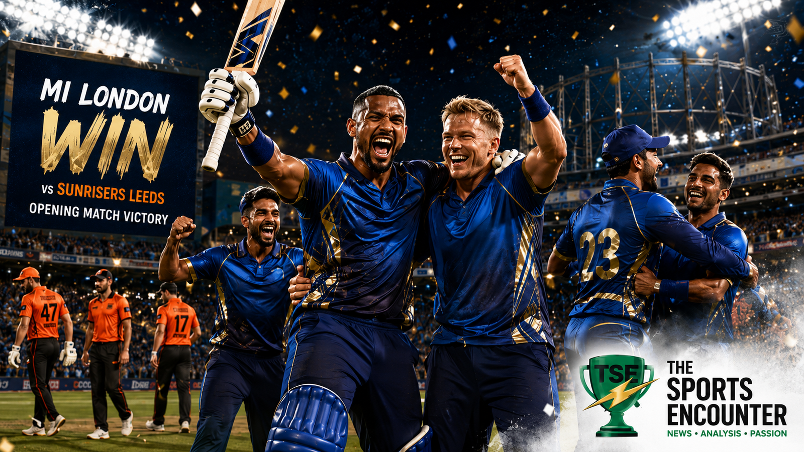 MI London players celebrate their opening-match win over Sunrisers Leeds at The Oval in The Hundred 2026.
