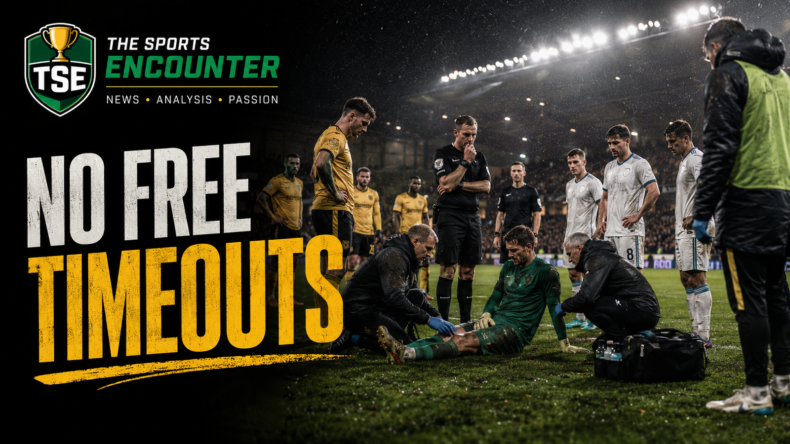 Goalkeeper receives treatment during a tense soccer stoppage as players, match officials, and bench staff wait under stadium floodlights, with The Sports Encounter branding and the headline “No Free Timeouts.”