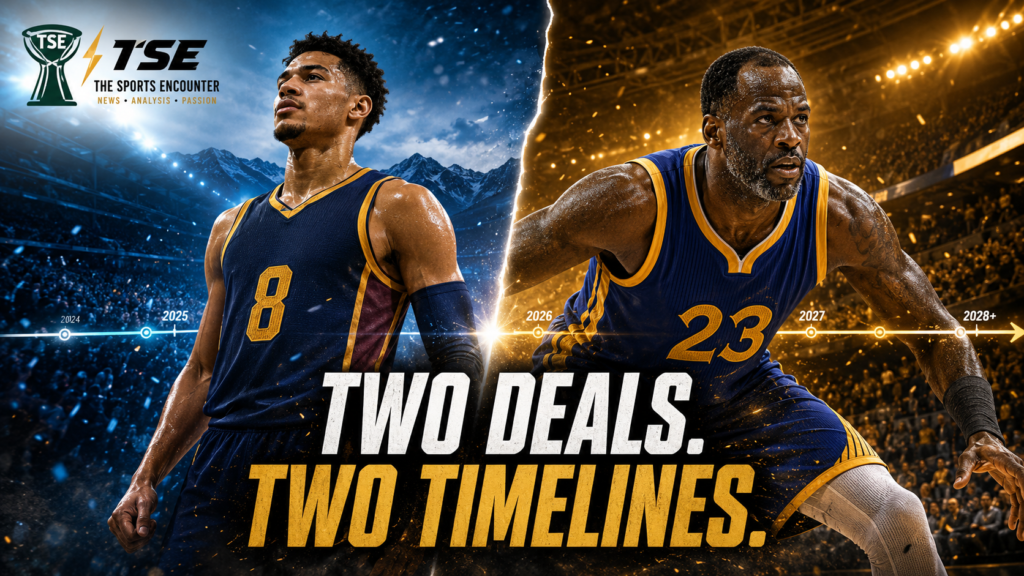 Cinematic split-screen artwork showing a rising Denver forward and a veteran Golden State defender, symbolizing the contrasting Peyton Watson and Draymond Green contract decisions ahead of the 2026-27 NBA season.