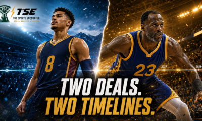 Cinematic split-screen artwork showing a rising Denver forward and a veteran Golden State defender, symbolizing the contrasting Peyton Watson and Draymond Green contract decisions ahead of the 2026-27 NBA season.