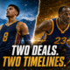 Cinematic split-screen artwork showing a rising Denver forward and a veteran Golden State defender, symbolizing the contrasting Peyton Watson and Draymond Green contract decisions ahead of the 2026-27 NBA season.