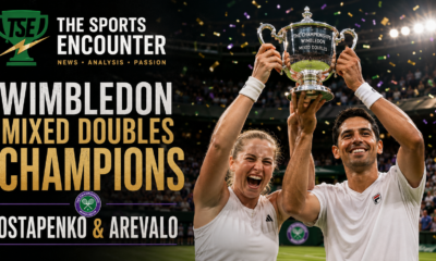 Jelena Ostapenko and Marcelo Arevalo celebrate with the Wimbledon mixed doubles trophy after winning the 2026 final.