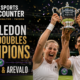 Jelena Ostapenko and Marcelo Arevalo celebrate with the Wimbledon mixed doubles trophy after winning the 2026 final.