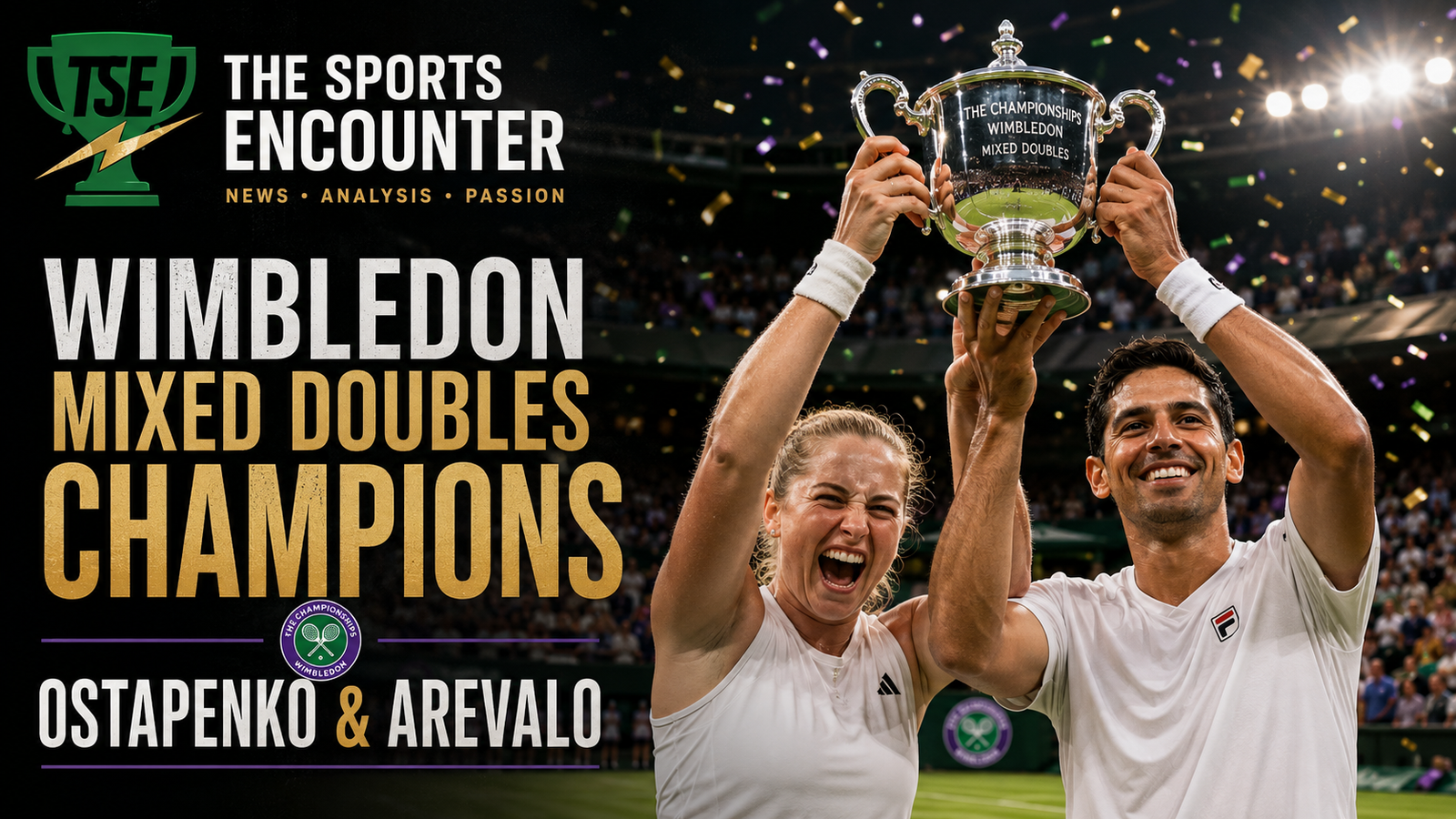 Jelena Ostapenko and Marcelo Arevalo celebrate with the Wimbledon mixed doubles trophy after winning the 2026 final.
